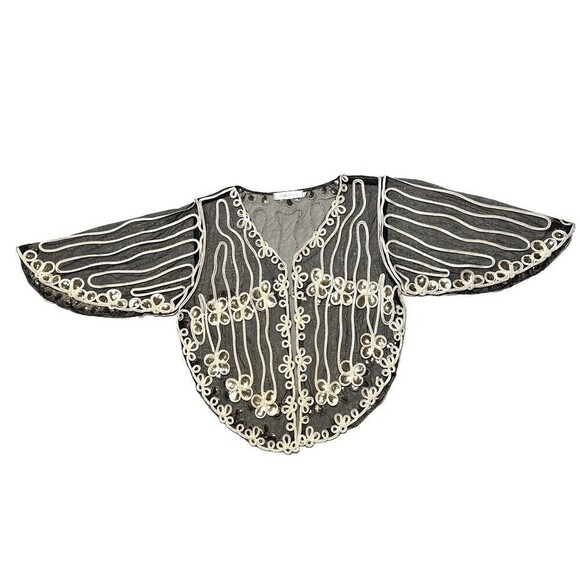 Simply Couture Cardigan Black Mesh Gold Sequined Flutter Sleeves‎ Open Front S - Picture 7 of 11